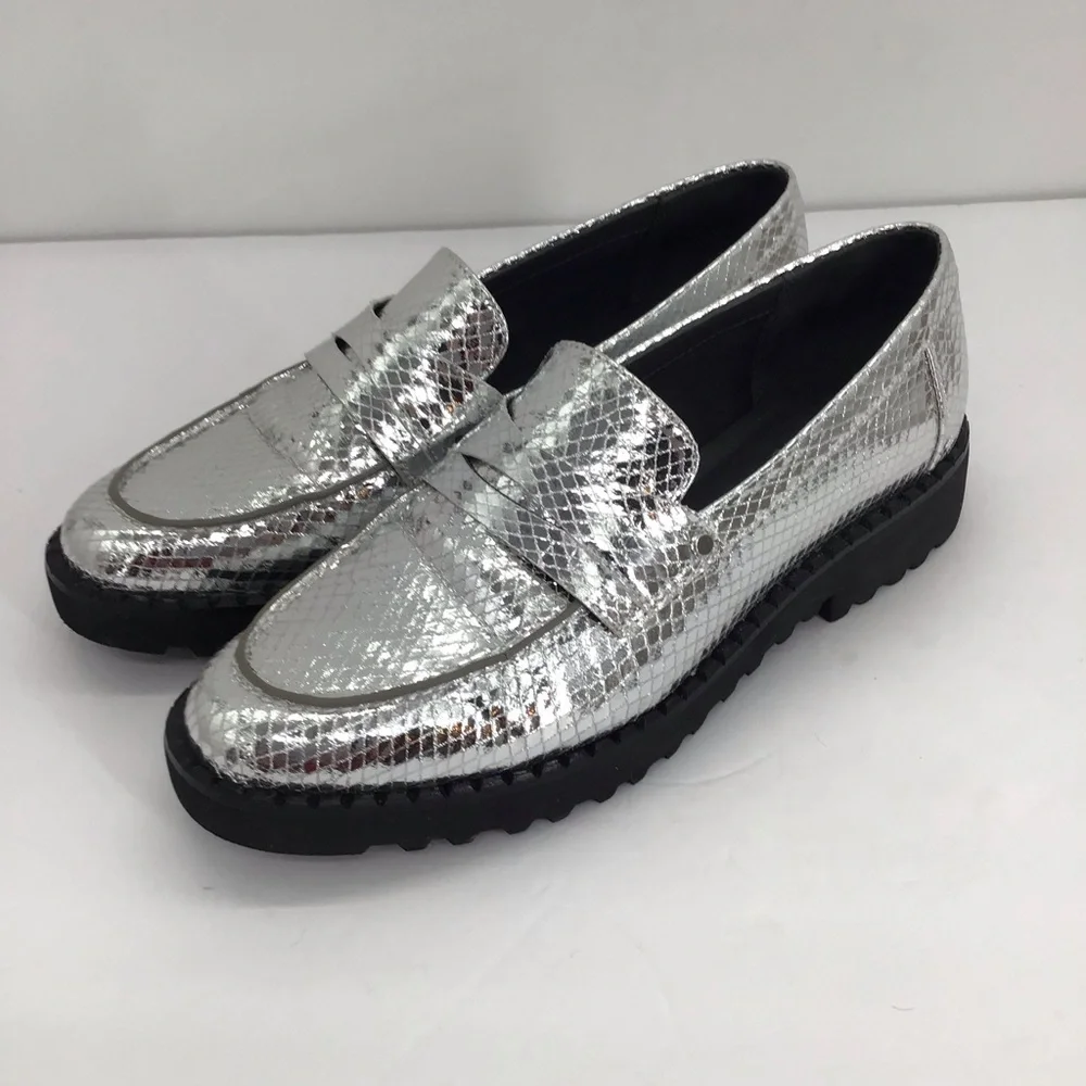 Franco Sarto Cassandra Platform Penny Loafer Snake Embossed Silver Size 7.5